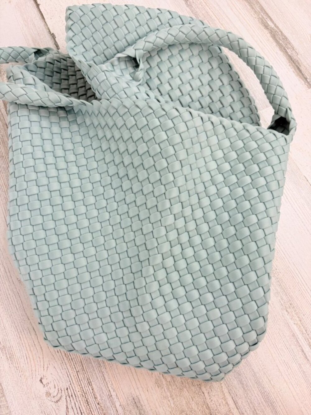 Naghedi St Barths Medium Tote Aqua Green Woven Neoprene with Pouch - Picture 5 of 16